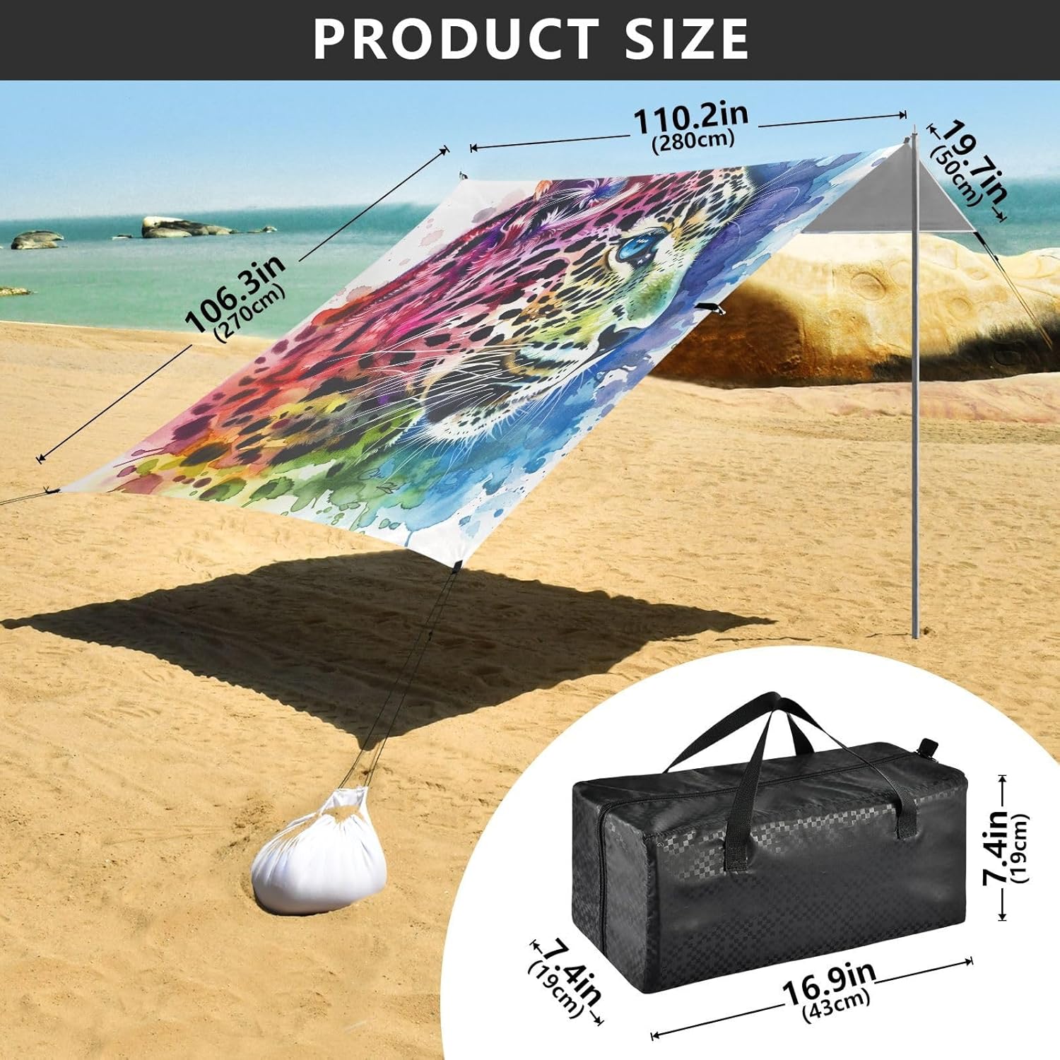 ALAZA Leopard Cheetah Portrait Watercolour Beach Tent Sun Shelter UPF50+ Protection Beach Shade Canopy w/ 4 Sandbags for Outdoor Camping, Fishing, Backyard Fun, Picnic, 10x9 ft