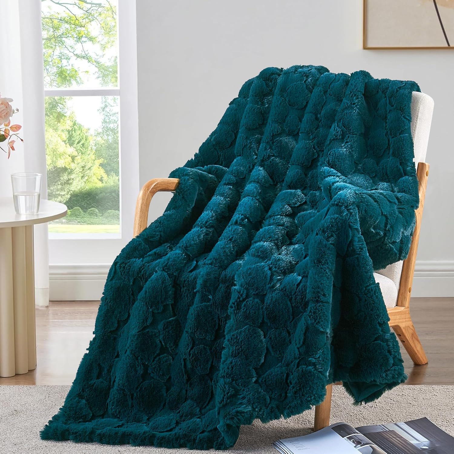 3D Clouds Embossed Luxury Faux Fur Throw Blanket Reversible to Cozy Velvet, Soft Plush Warm Elegant Fuzzy Blanket for Couch, Bed, Sofa Fluffy Decorative Blankets, 50"x60", Dark Teal