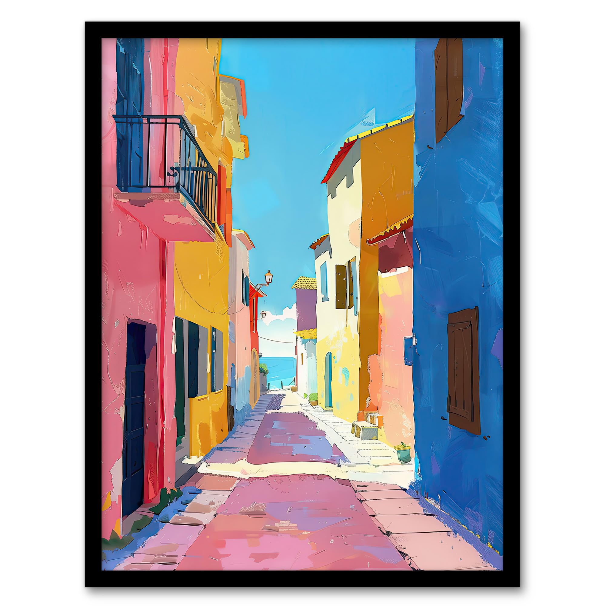 Artery8 Mediterranean Street Spain Painting Seaside Bathroom Toilet Artwork Framed Wall Art Print A4