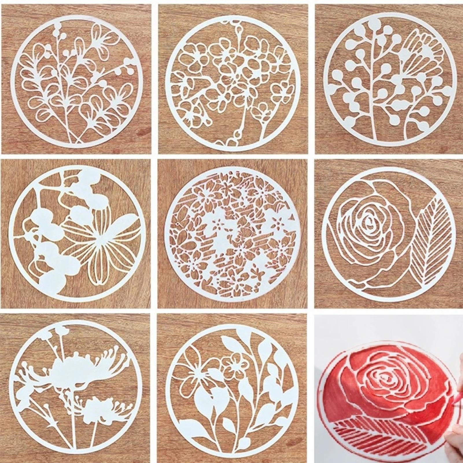 Plantillas para pintar sobre madera, 8 piezas de 16,5 x 16,5 cm, flores de ventana, redondas, reutilizables, para manualidades, sobre lona de pared de madera, decoración del hogar