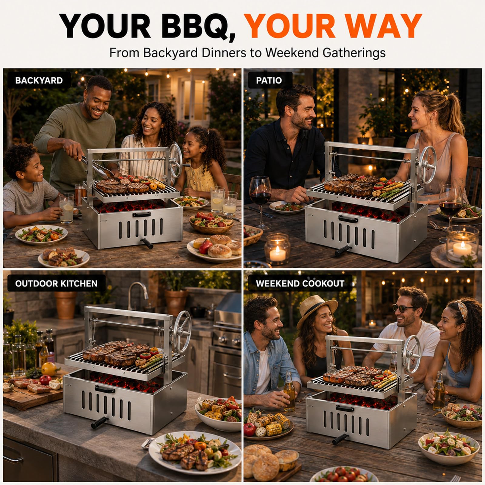 Barbecue Santa Maria Stile Argentino, griglia a V Regolabile con manovella, Acciaio Inox per Cottura a carbonella, Giardino, terrazza e Uso Esterno