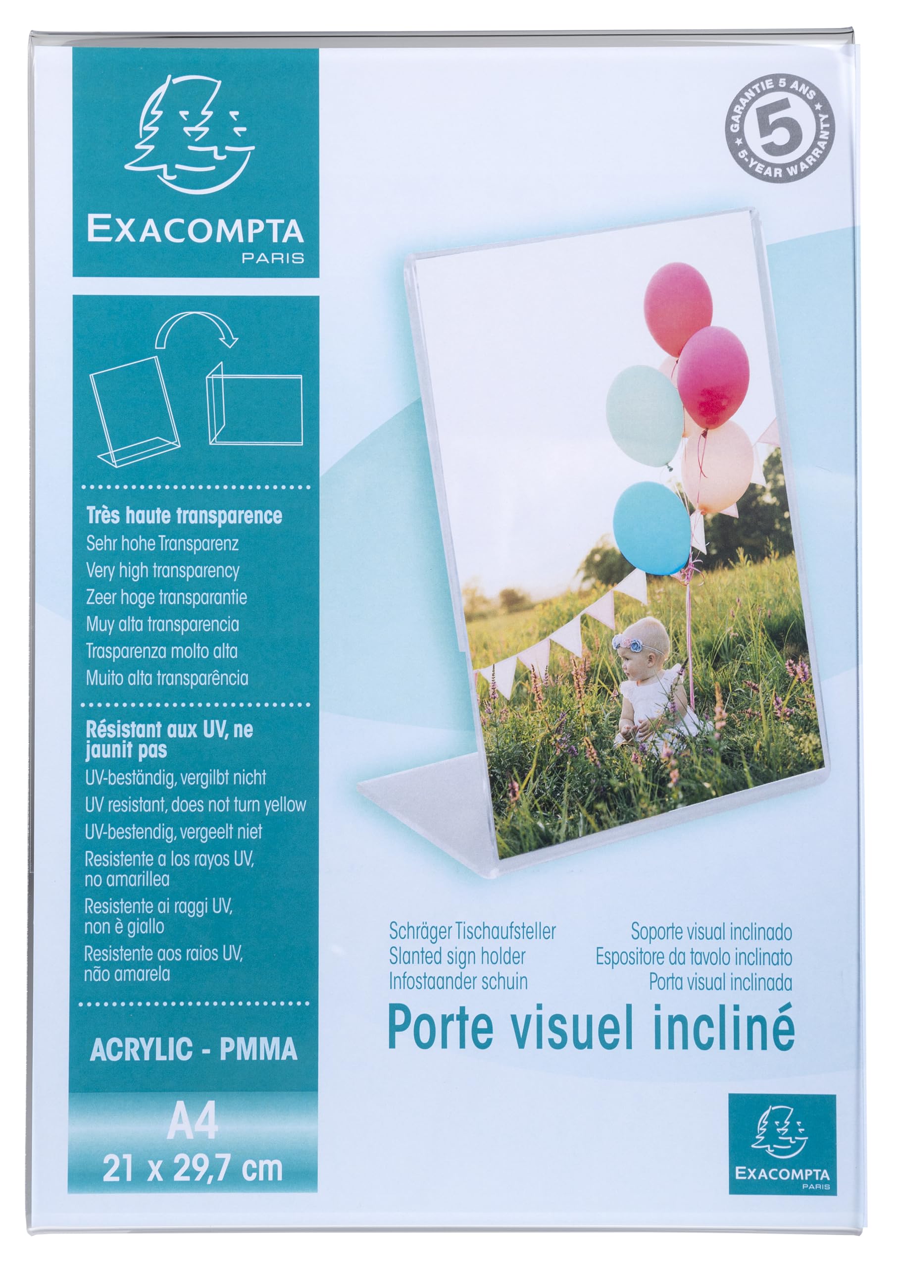 Exacompta - Réf. 84058D - 1 Porte-​visuel A4 incliné vertical ou horizontal - Dimensions 210 x 297 mm - PMMA (acrylique) menu pour restaurants, hôtels, conférence et réception - Couleur Cristal