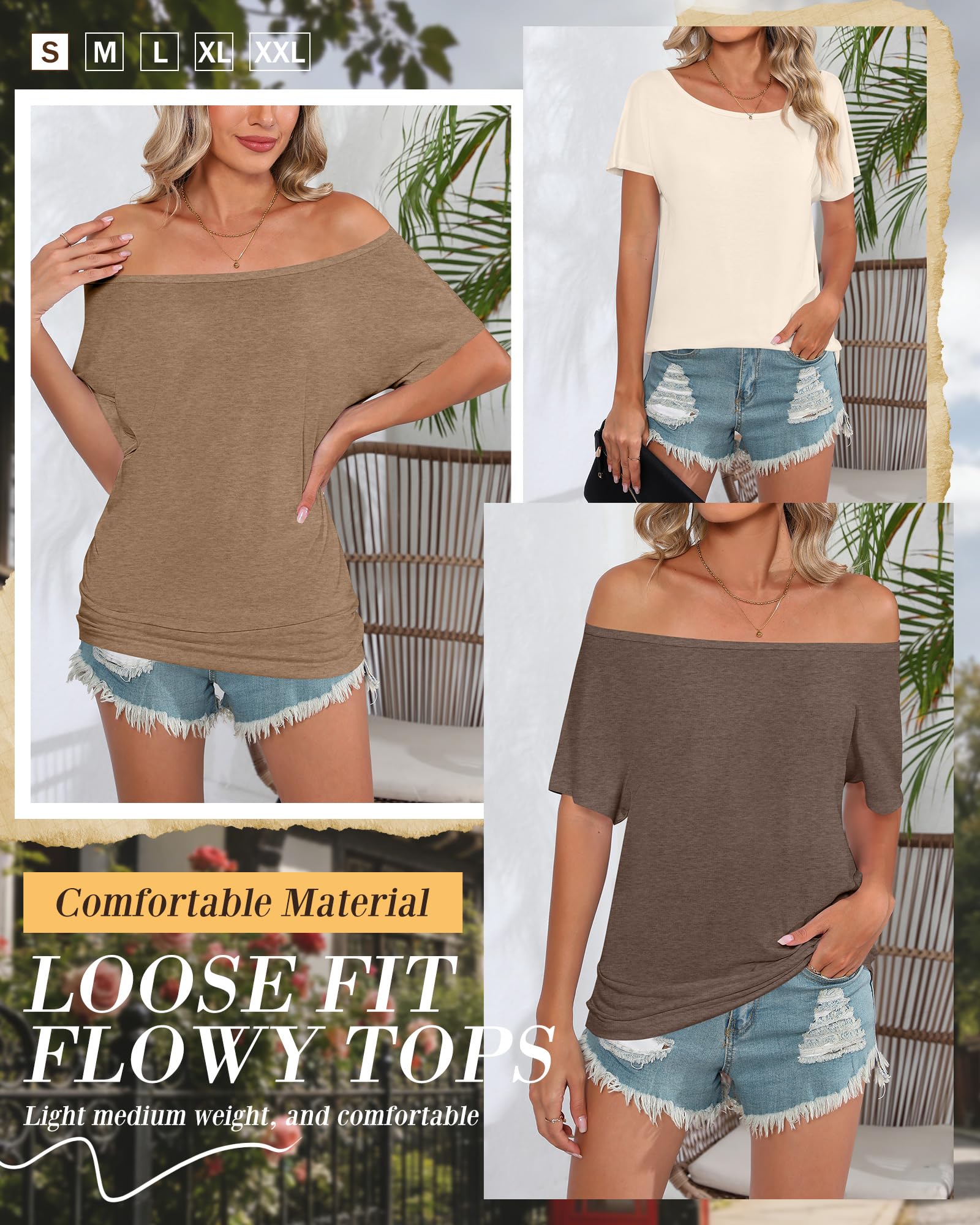 Riyiper Paquete de 3 Camisetas de Mujer con Hombros Descubiertos, Blusas holgadas y fluidas de Manga Corta, Camisetas Verano