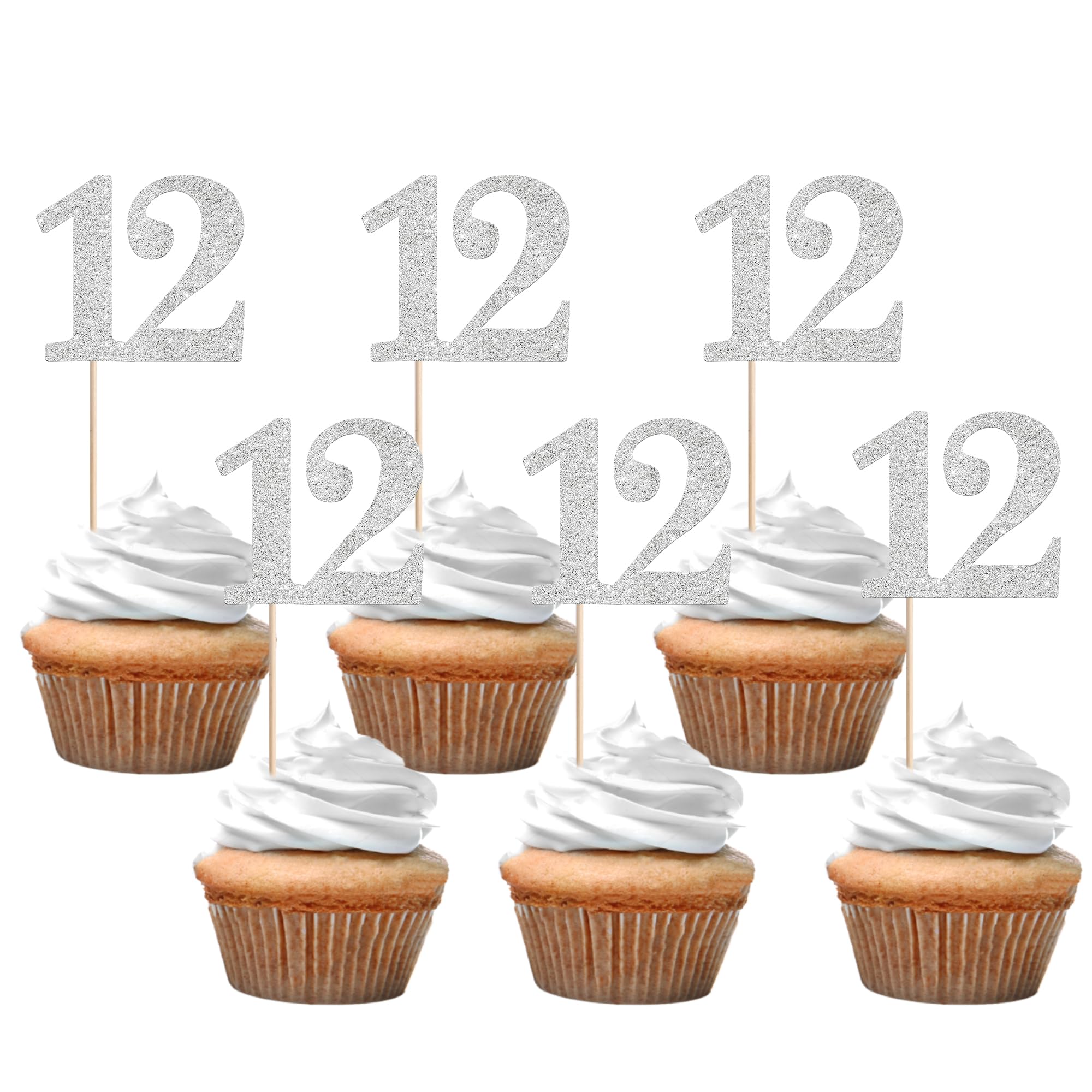 Xsstarmi 36 Pack Number 12 Cupcake Toppers Silver Glitter Cheers to 12 Years Birthday Cupcake Picks Decoration for Happy 12th Birthday Wedding Anniversary Party Cake Decorations