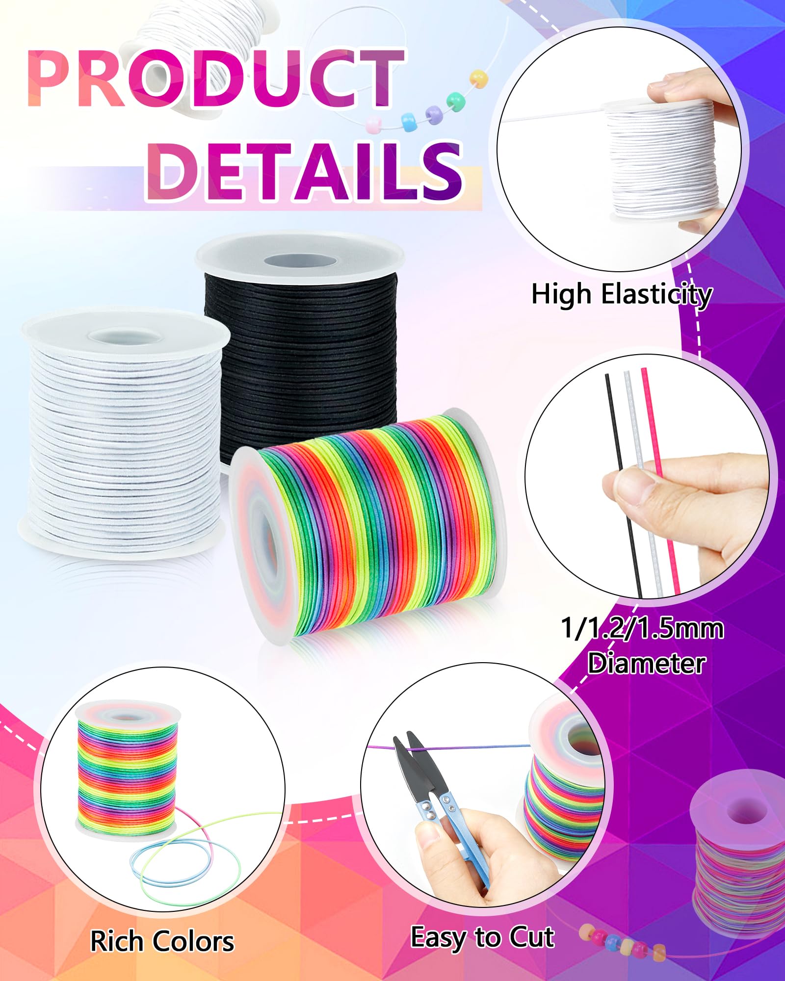 FIVEIZERO Cuerda elástica blanca y negra, 1 mm, 2 rollos de cordón elástico para pulseras, collares, joyería y manualidades (1 rollo/100 m negro + 1 rollo/100 m blanco)
