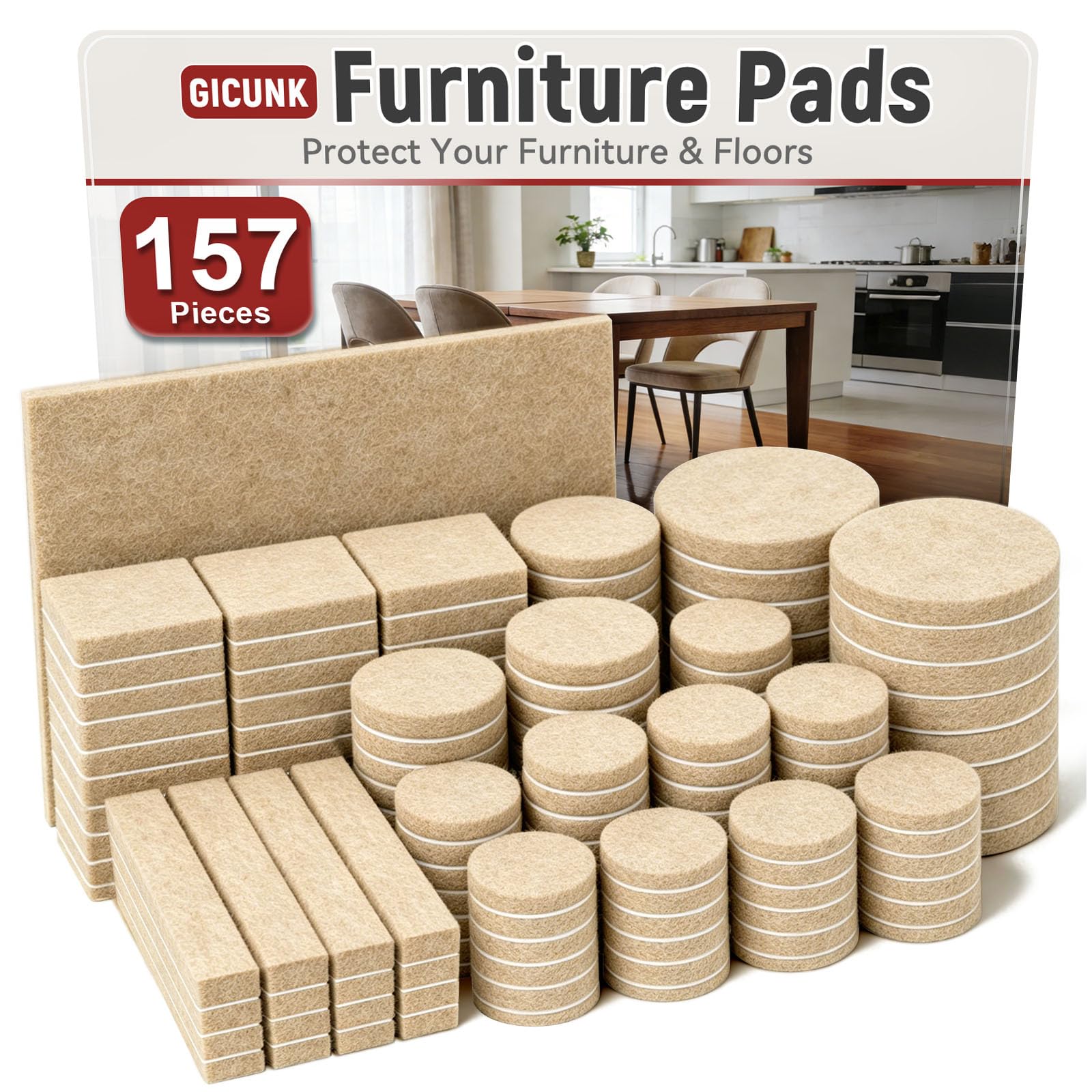 GICUNK 157 Pcs Self-Adhesive Felt Furniture Pads Floor Protectors, Beige