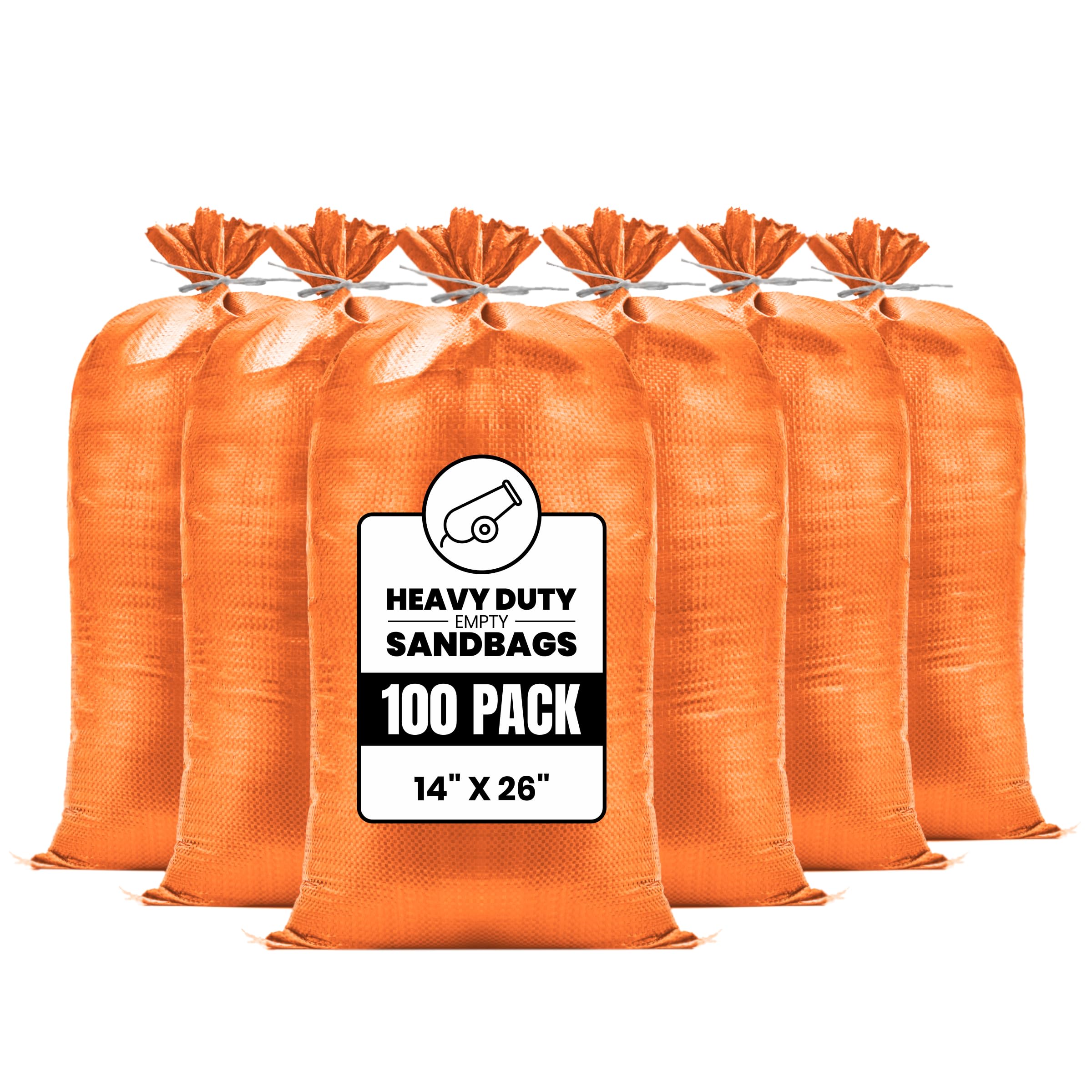 (Not Made in China) Heavy Duty Sand Bags for Flooding, Empty W/Tie Strings, UV Protection for 1600 Hours, Flood Water Barrier Sandbags,14in x 26in, Sandbag for Weight, 50lb Capacity (Orange, 100 Bags)