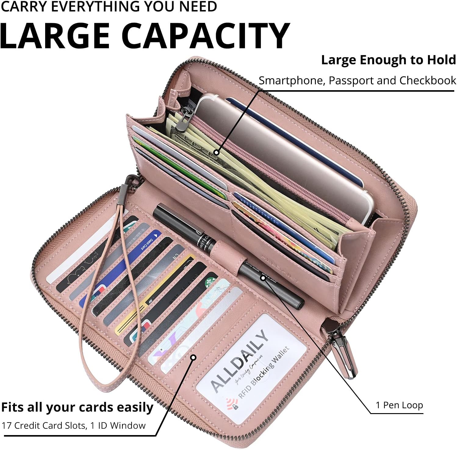 Alldaily Women's RFID Blocking Leather Zip Around Wallet Large Phone Holder Clutch Travel Purse Wristlet (Dark Pink)