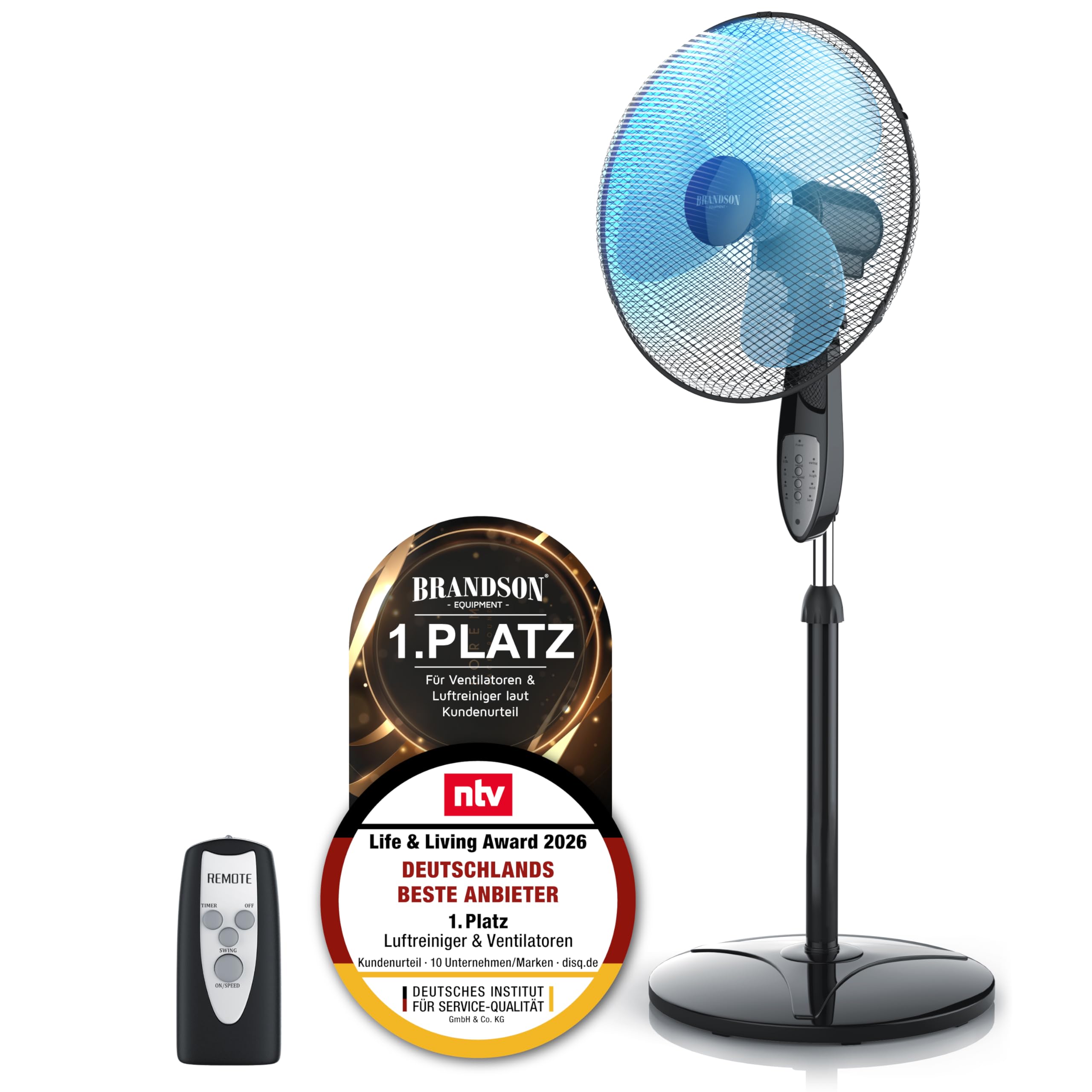 Brandson - Standventilator mit Fernbedienung Standlüfter - Ventilator höhenverstellbarer Standfuß - Neigungswinkel verstellbar - 50W - 3 verschiedene Geschwindigkeitsstufen - Oszillationsfunktion 80°