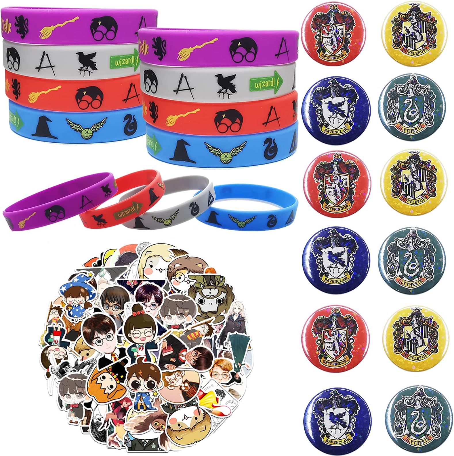 LHONG 80pcs Magical Wizard Party favors, birthday party supplies decoration,Harry Party Favor gifts,Set Include 56 Stickers,12 Silicone bracelet, 12 Button Pins,for boys girl aldult