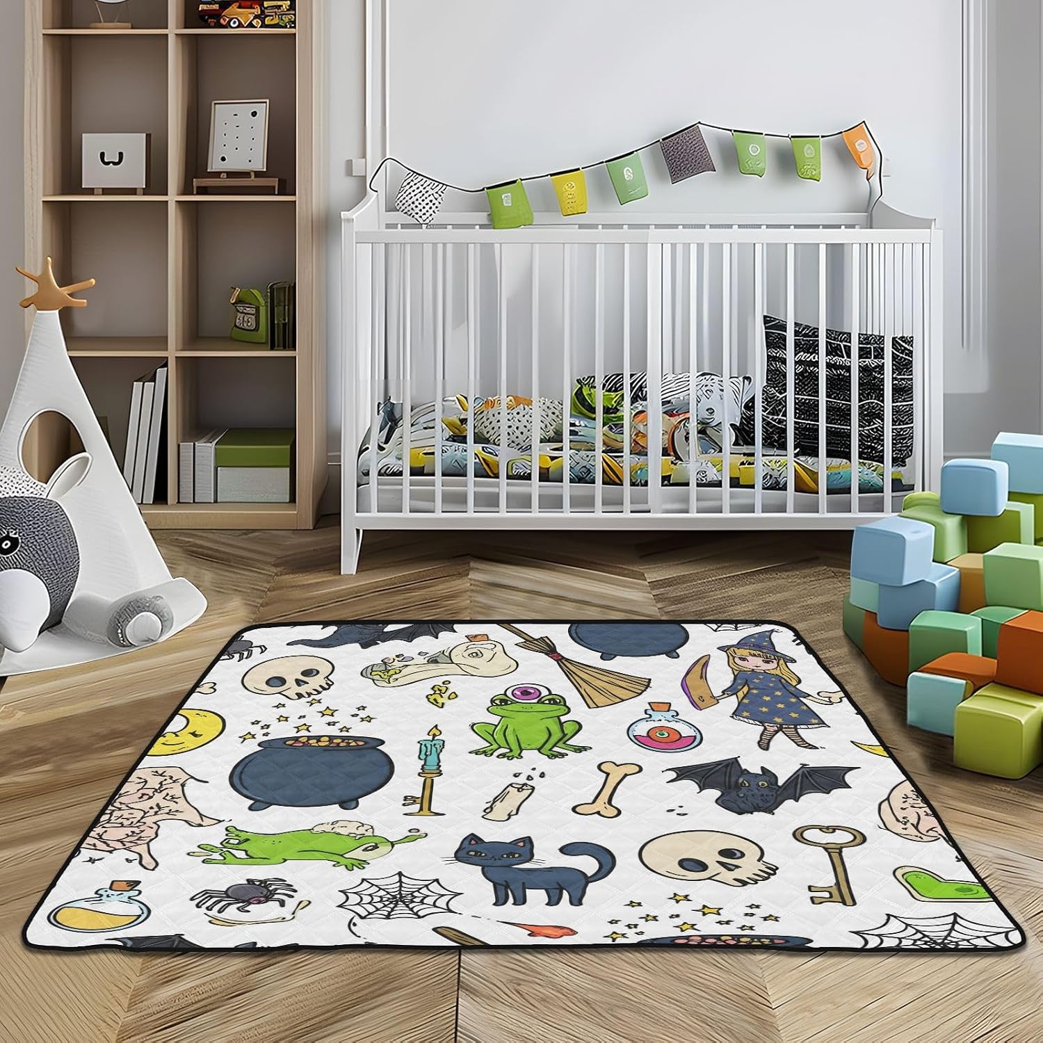 Cartoon Halloween Elements Baby Play Mat, 50“ X 50” Washable Folding Crawling Mat, Baby Floor Mat, Soft, Non-Slip