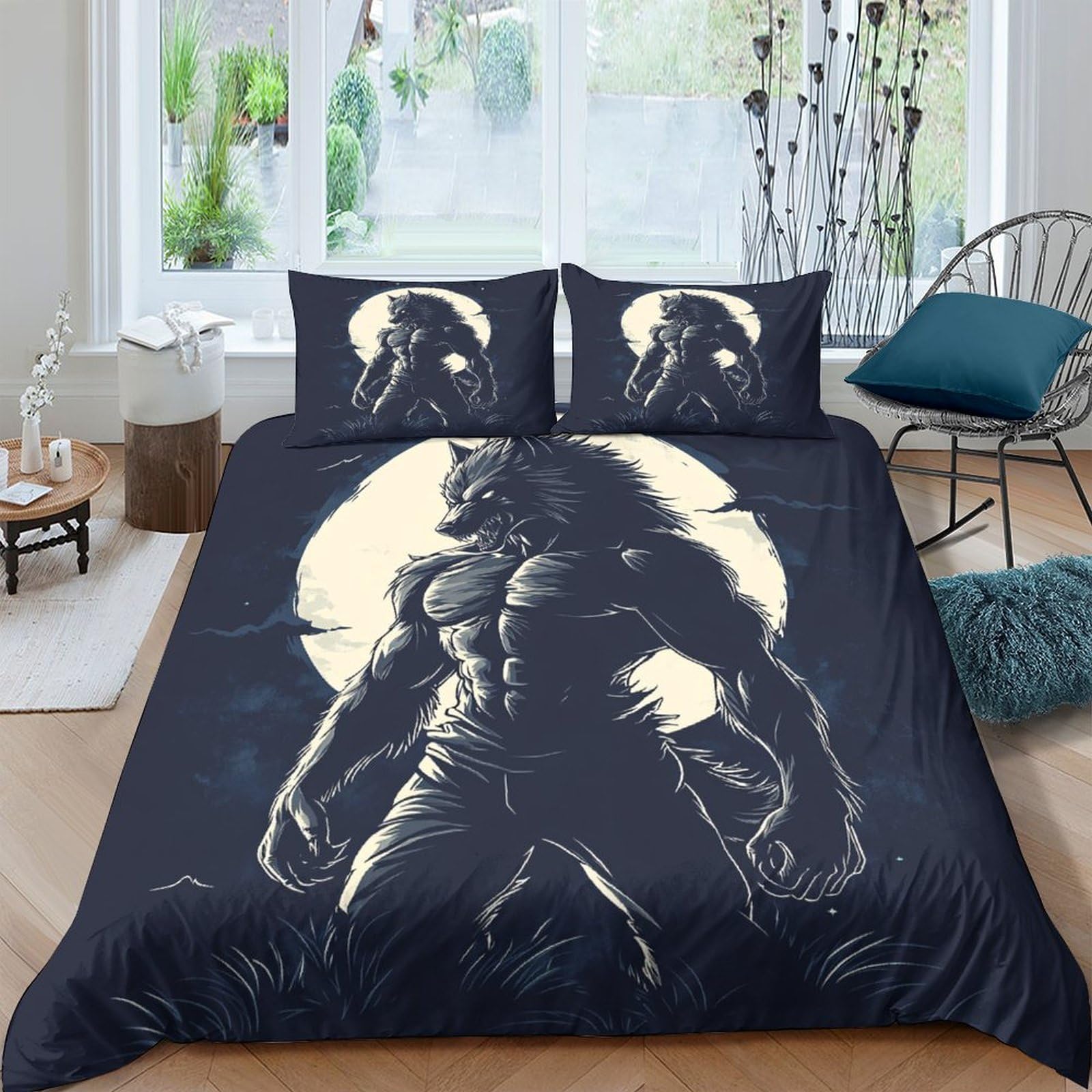 Ctjqhvkz Style-9 3D Printed Werewolf Moon Fitted Sheet Microfiber Soft Durable Wolf Shadow Bed Cover For Bedroom Guest Room Decor Single（135X200cm）