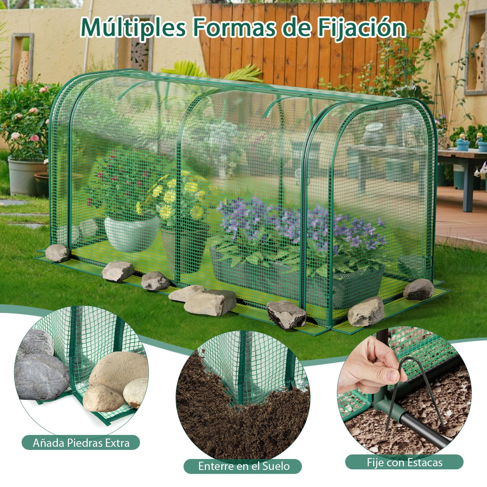 GOPLUS Mini Invernadero Portátil, 118 x 55 x 60 cm, Invernadero Exterior con Puerta Enrollable, Estacas de Tierra, Estructura de Metal, Cubierta PE Impermeable, para Verduras Flores Plantas (Verde)