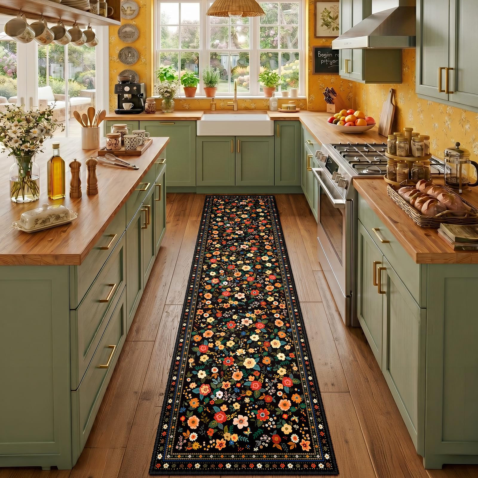 INOVADAY Washable Rug Floral Print 60x240 cm Black Hallway Runner Rug