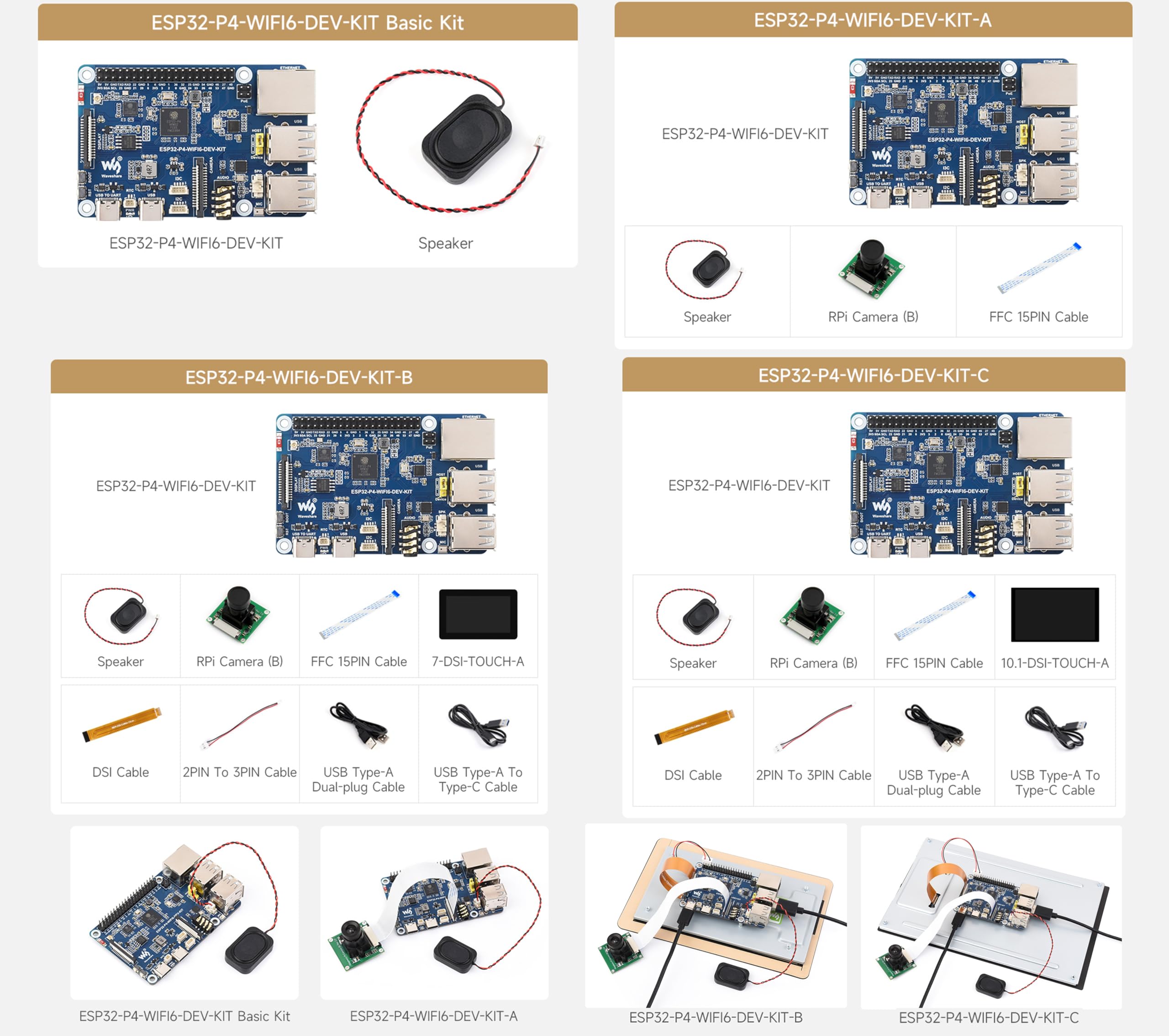 ESP32-P4-WIFI6-DEV-KIT płytka deweloperska, oparta na ESP32-P4 i ESP32-C6, obsługuje Wi-Fi 6 i Bluetooth 5/BLE 5, obsługuje interakcję mowy AI, w zestawie głośnik + kamera RPi, 4 elementy
