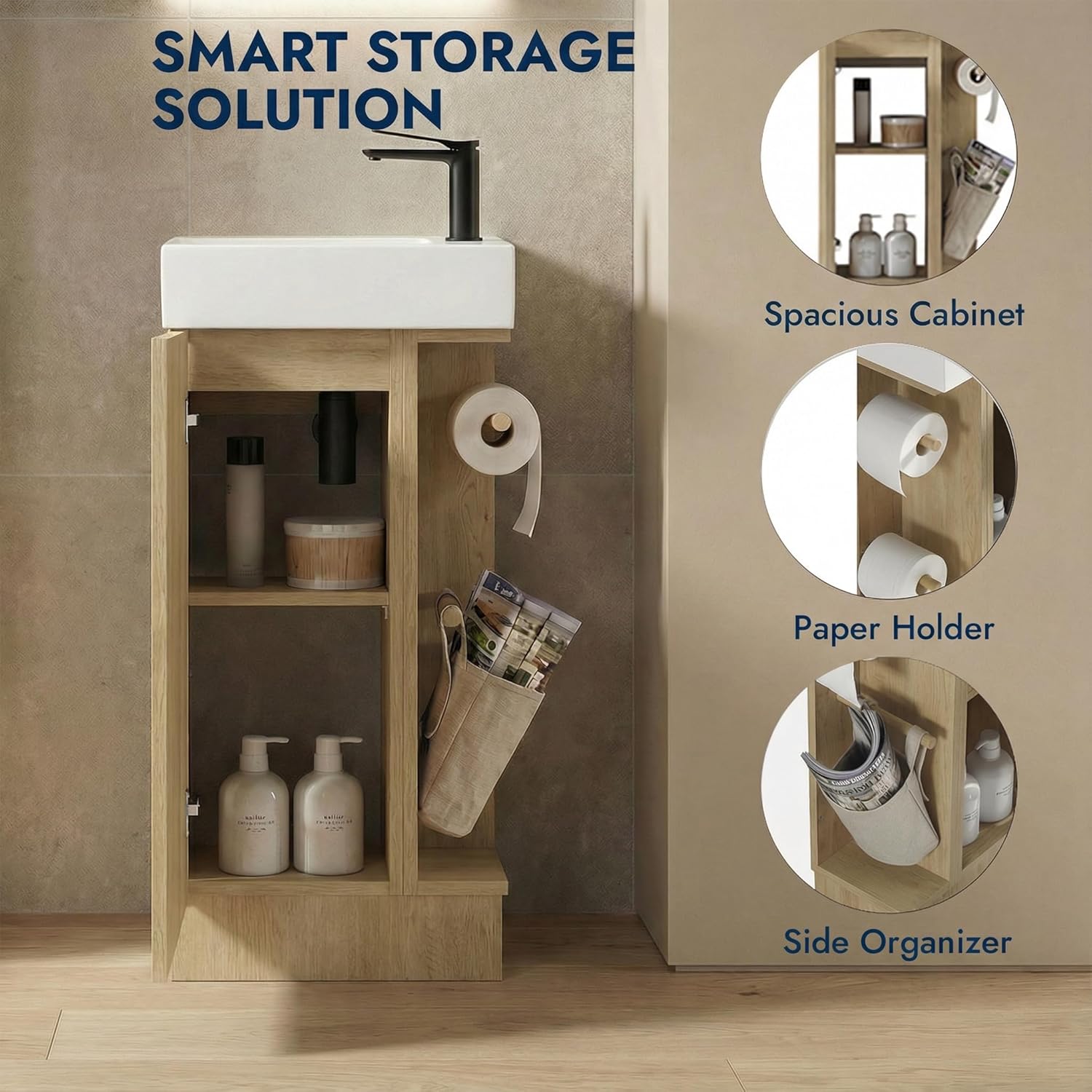 16" Small Bathroom Vanity with Sink - Snaefell Oak:Small Space Fit,2 Toilet Paper Holders & Storage Pocket,Adjustable Shelve,Soft Closing Door & Quiet Hinges,Floor-Standing Extra Storage