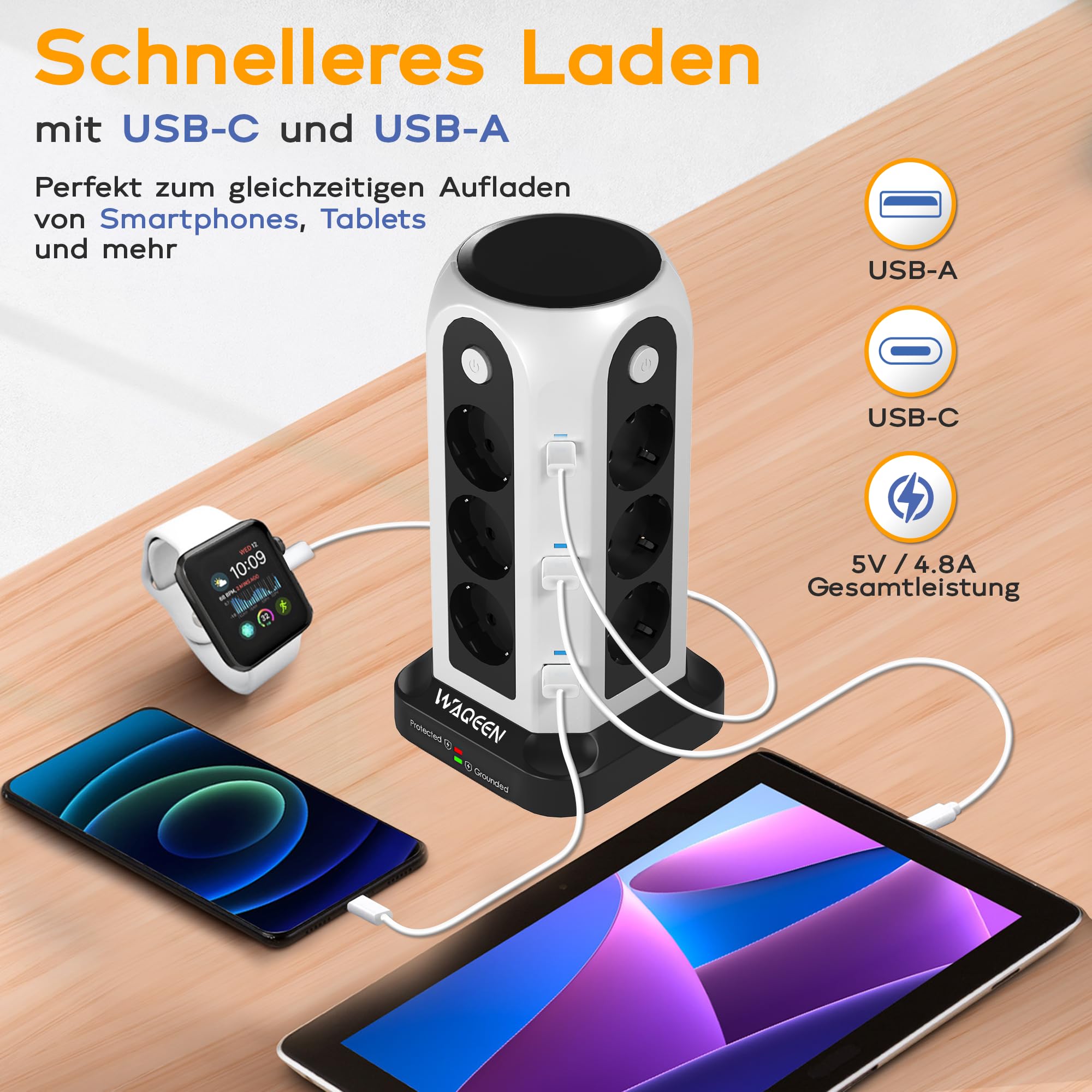 Steckdosenturm mit USB C & A, Überspannungsschutz, Mehrfachsteckdose | 12 AC Steckdosen, 2 USB-C & 4 USB-A, 4 Schalter, 2 m Kabel, feuerfestes Material, ideal für Büro, Küche & Zuhause