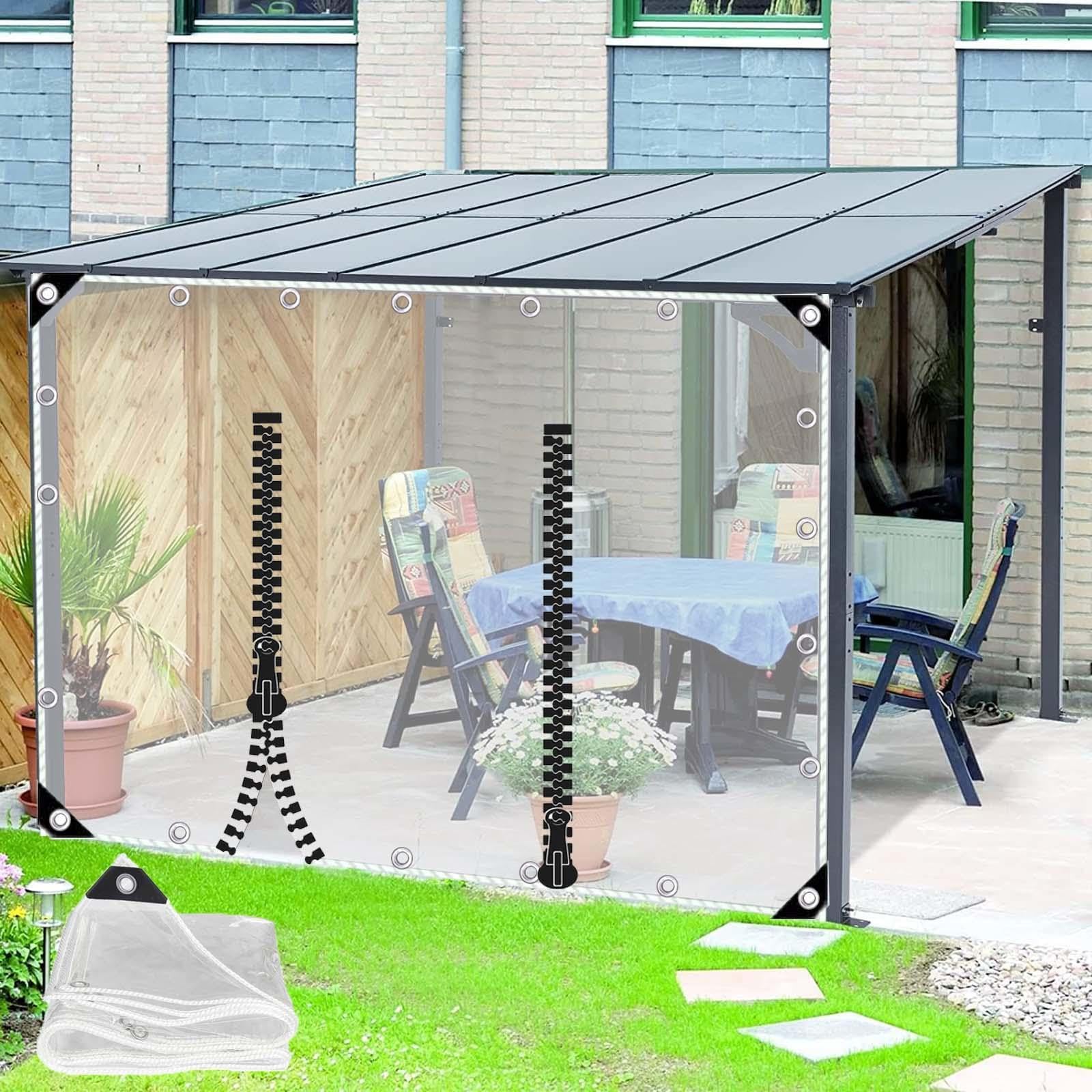 Transparente PVC Plane Seitenteil Mit Reissverschluss Tür,Outdoor Durchsichtige Plane Vorhänge,Pergola Terrasse Veranda Carport Pavillon wasserdichte Abdeckplanen Mit Ösen,L×H-2.3 * 2.5m(7.5 * 8.2ft)