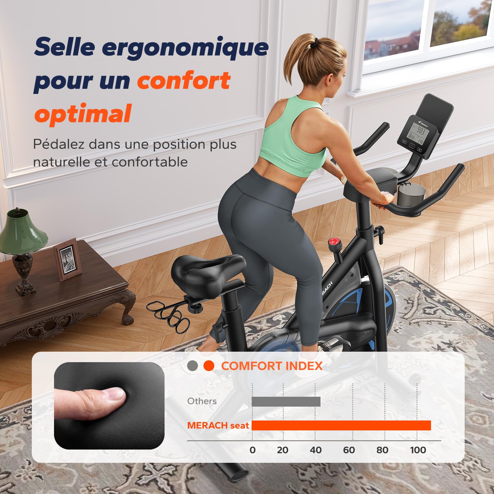 MERACH Vélo d’Appartement avec Résistance Magnétique, Vélo d’Intérieur Silencieux avec Selle à Coussin d’Air Amortissant, Écran LCD, Application Dédiée, Cadre en H Stable, Charge jusqu’à 150KG