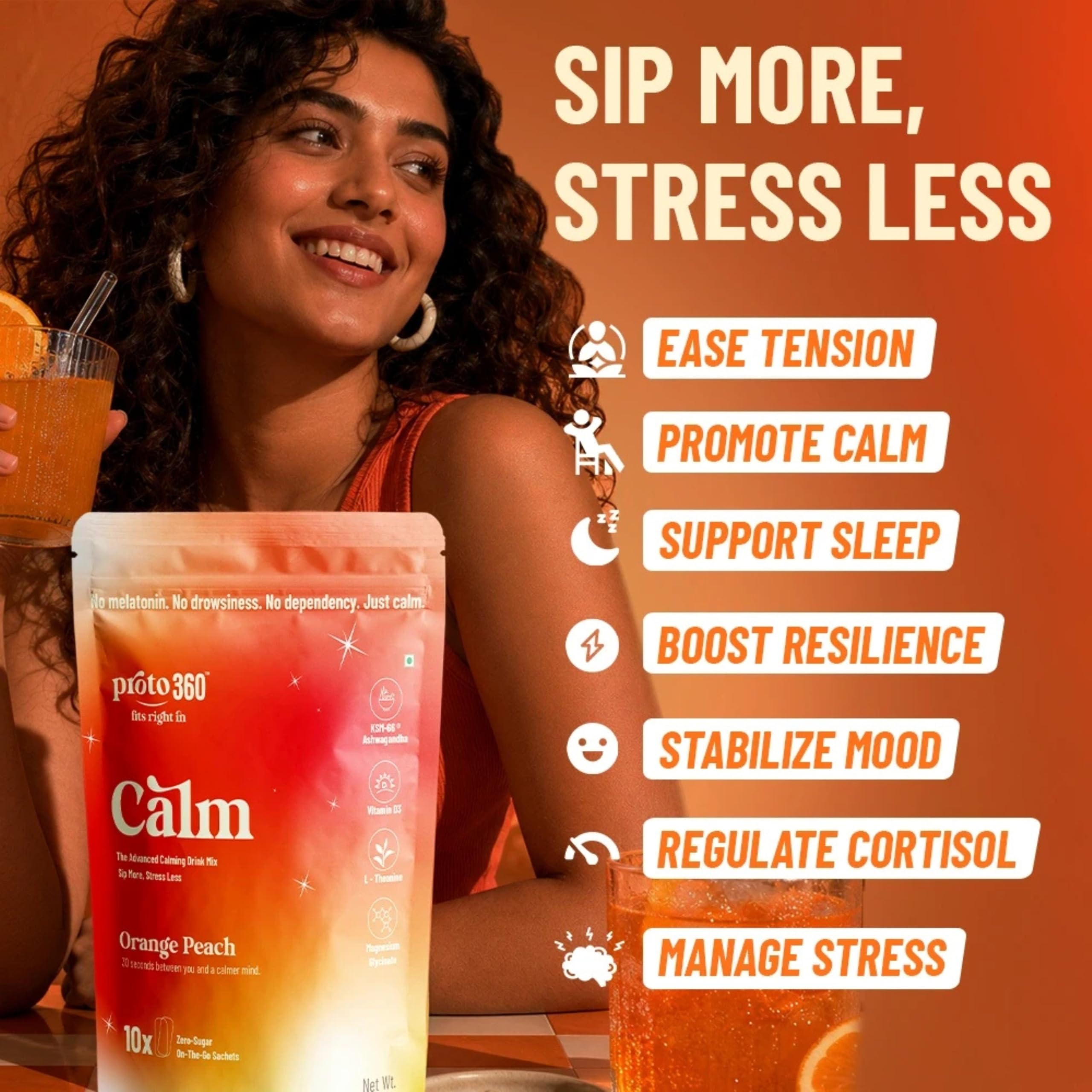 Calm | For Deep Sleep, Relaxation & Calmness | Cortisol Reducer and Sleep Supplement | KSM-66 Ashwagandha, L-Theanine, Magnesium Glycinate, Vitamin D3 | India's First Melatonin Free Calming Drink Mix | Orange Peach (10 Sachets) | Regulates Sleep Cycle | No Added Sugar — Amazon image 5