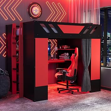 Full Size Wood Loft Bed with Built-in Workstation, Smart Storage, RGB Lighting & Blackout Curtains,Space-Saving Furniture for Bedroom Black+Red5