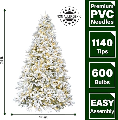 Miniatura 2 de Fraser Hill Farm Árbol de Navidad artificial flocado de 6.5 pies con luces LED multicolor y soporte, árbol falso plegable preiluminado con follaje