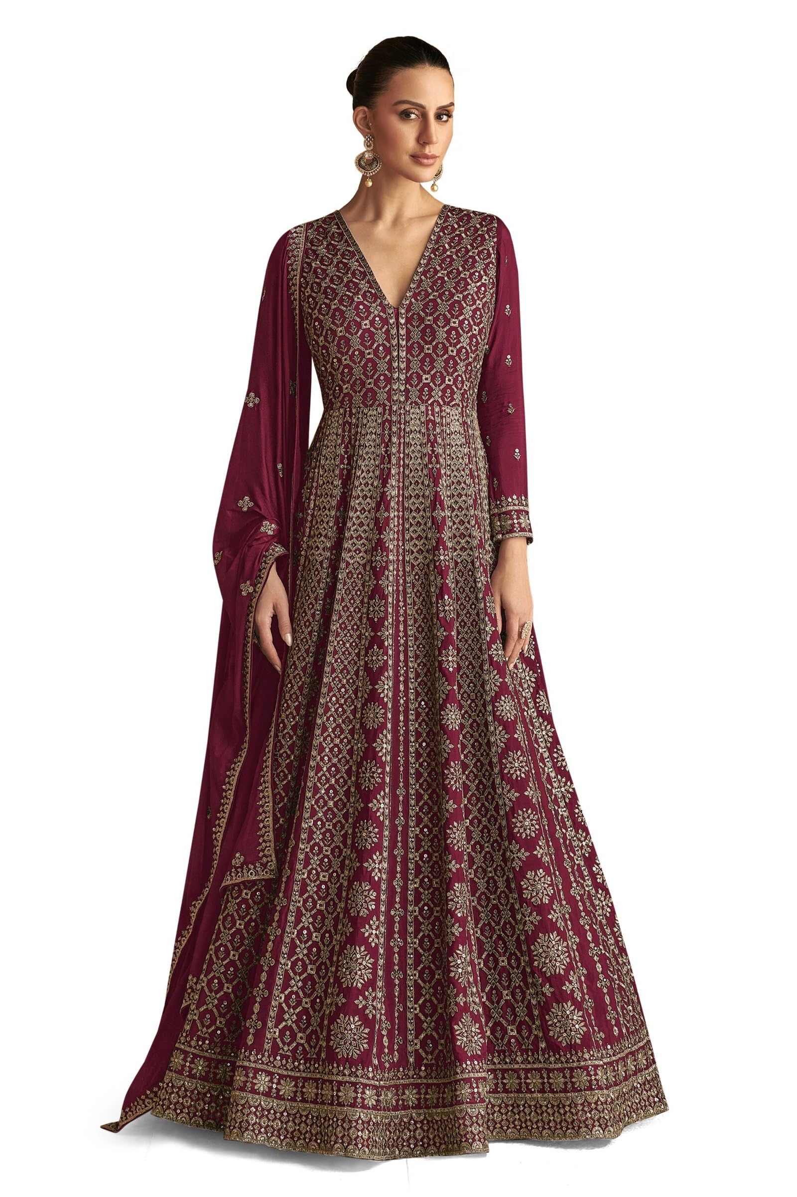 shampysky Women's Maroon Chinon Stitched Gown with Dupatta Full Sleeve Embroidered A-Line Gown (SSW-1236-Maroon)-picture-17