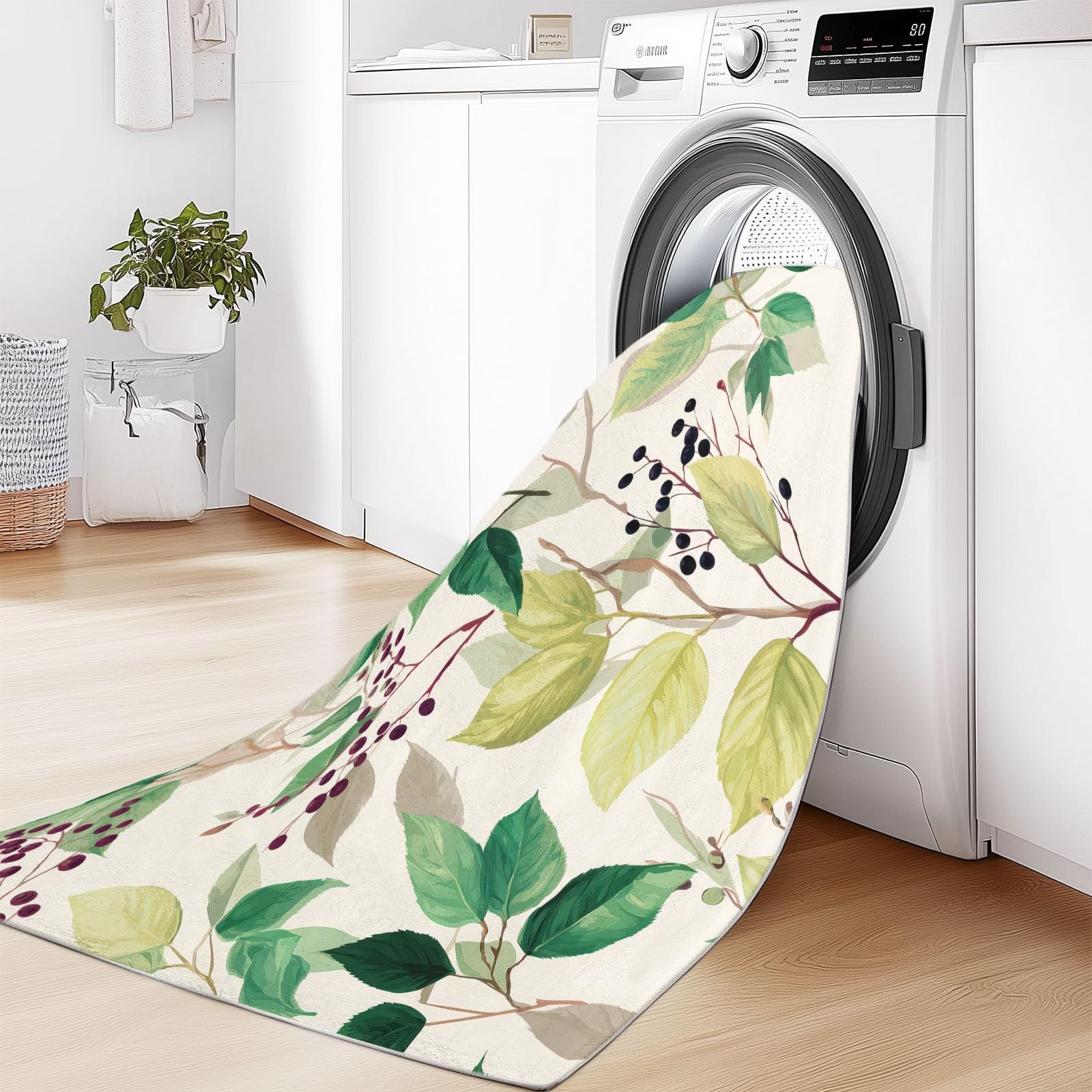 Vert Sauge Tapis Salon 140 x 200 cm, Lavable Minimaliste Aquarelle Plantes Feuilles Tapis à Faible Poil Doux Chambre à Coucher Antidérapant pour Salle à Manger Chambre d'enfants Bureau à Domicile