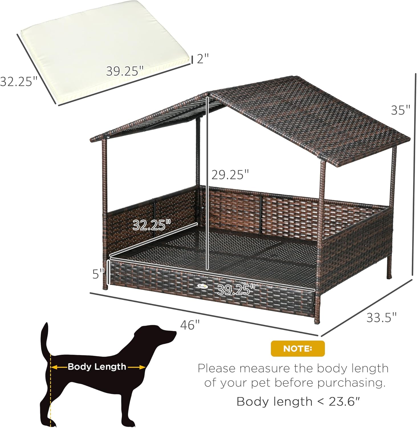 PawHut Outdoor Wicker Dog House with Canopy, Rattan Dog Bed with Soft Cushion Removable Cover for Medium and Large Dogs, Cream White