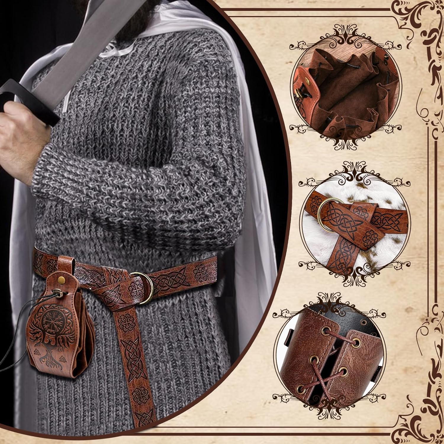 Medieval Renaissance Accessories - Halloween Belt Pouch Bracer Sword Frog Set -Viking Pirate Knight Costume for Men and Women
