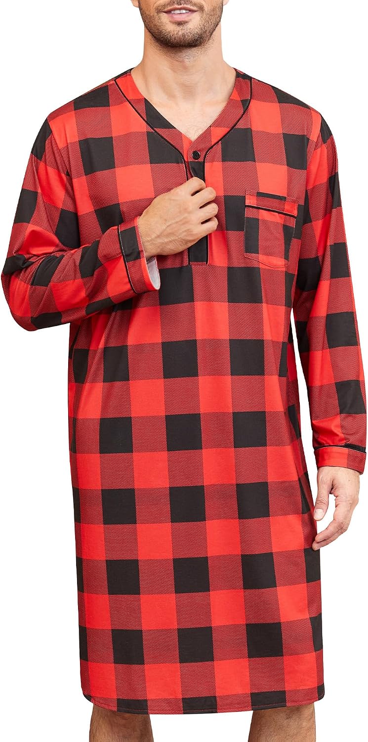 SWOMOG Men's Nightshirt Long Sleeve Nightgown Soft Loose Sleepwear Lightweight Nightwear Comfy Henley Sleep Shirt M-3XL