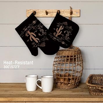 Western Desert Black Oven Mitts and Pot Holders Set, Cactus Kitchen Decor, Southwest Western Over Mittens for Kitchen