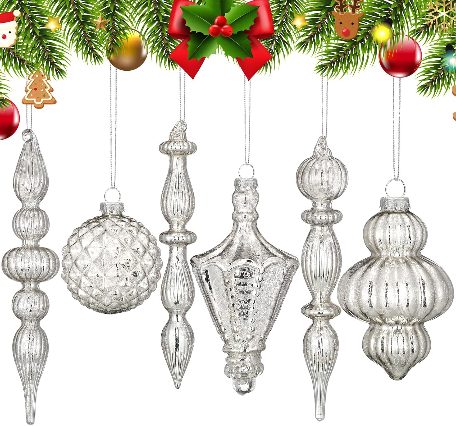 Vintage Silver Christmas Mercury Glass Ornament Set 7.87 Inch Glass Finial Ornaments 3.15 Inch Hanging Balls for Christmas Tree Decorations Xmas Holiday Home Decor