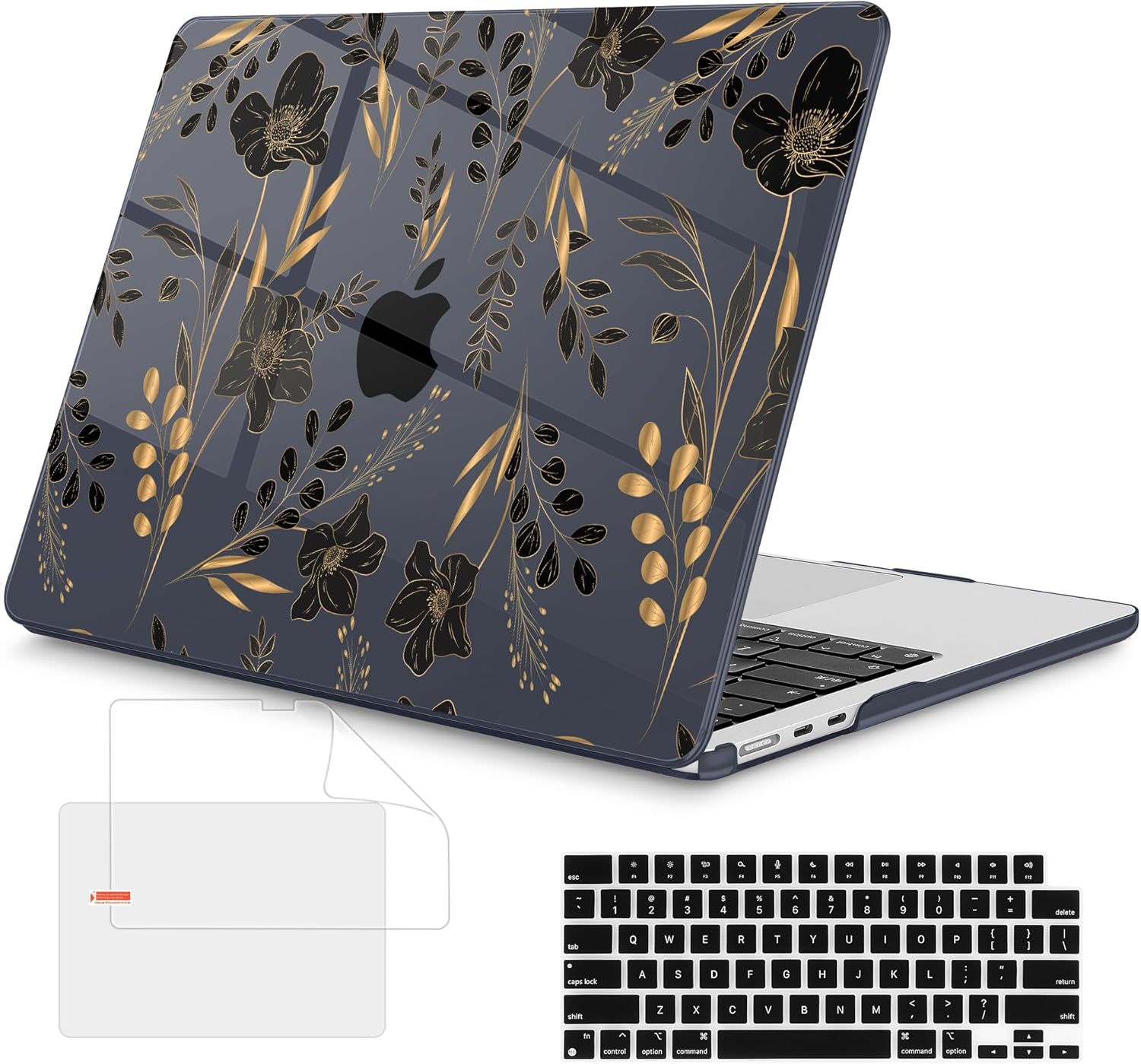 Mektron Compatible with M4 MacBook Air 15 inch Case 2025 A3241 2024 2023 M3 A3114 A2941 M2 Liquid Retina Display Touch ID, Plastic Hard Case & Keyboard Skin & Screen Protector - Gold Floral