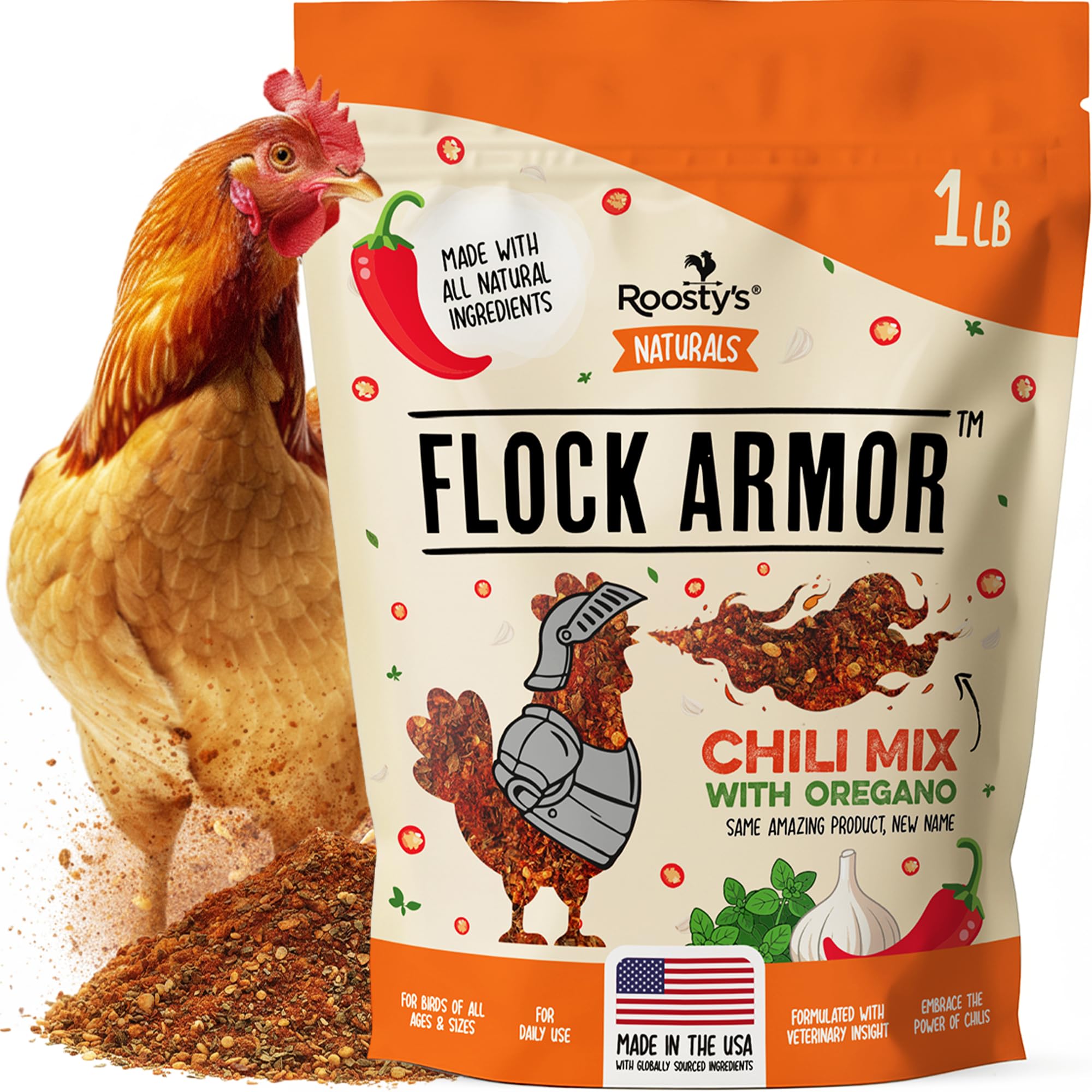 Roosty's Naturals Flock Armor - Chicken De-Wormer Powder - Chili Mix | XL 1LB Pouch | All-Natural Formula | US-Made Chicken Wormer - 16oz Bag
