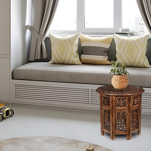 Miniatura 8 de Mesa auxiliar de madera, mesa auxiliar tradicional tallada a mano octogonal, espacios pequeños, entrada, granja, sala de estar, mesa auxiliar