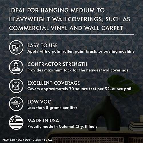 Miniatura 7 de Roman Products PRO-838 - Adhesivo de papel tapiz resistente, grado comercial para colgantes de pared pesados, transparente, PRO-838 (32 onzas - 70