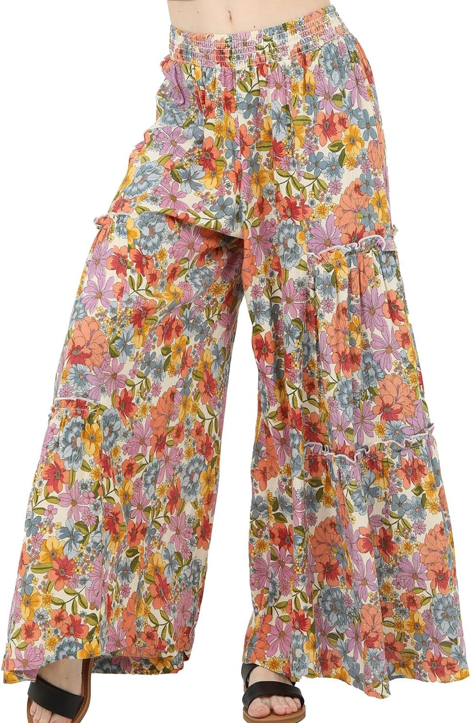 Angie Women's Floral Wide Leg Pants with Ruffles