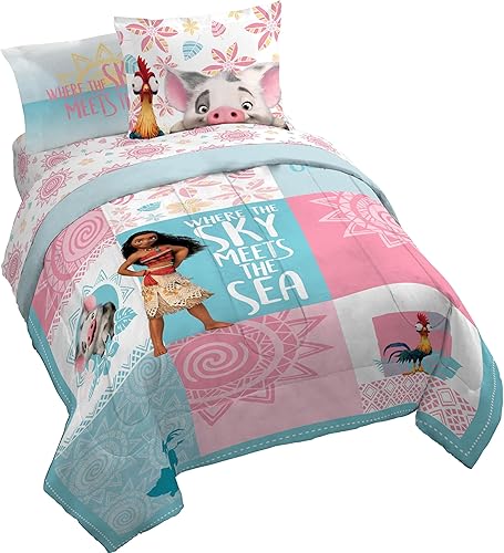Jay Franco Disney Moana - Juego de edredón Queen  Ropa de cama de 7 piezas con retazos tropicales Pua y HEI HEI  Incluye juego de sábanas y fundas
