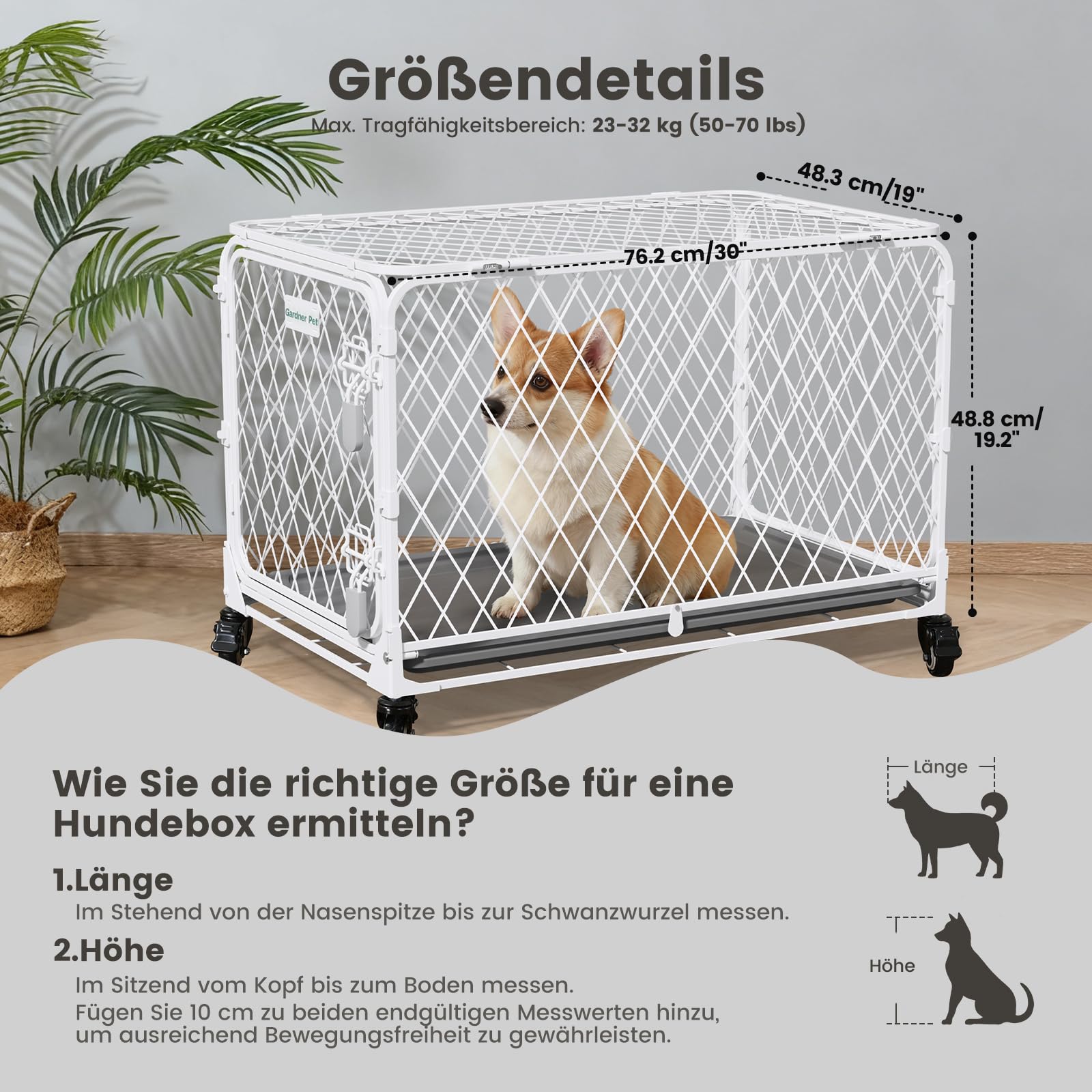 Gardner Pet Hundekäfig faltbar, Transportbox Drahtkäfig, 76x48x49 cm | Diamantgitter, Montagefrei, 4 Rollen, Ausziehbare Schale, Für kleine/mittelgroße Hunde
