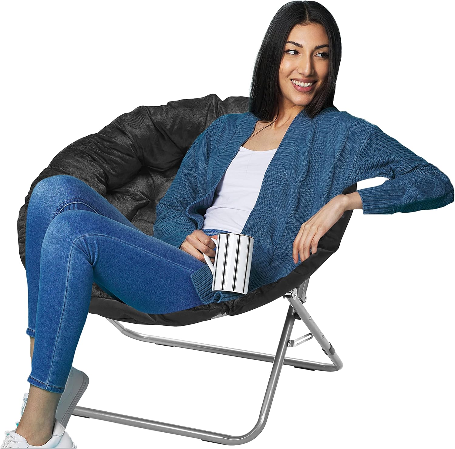 Urban Lifestyle Oversized Micromink Moon Saucer Chair, Black - 37" L x 30" W X 30" D