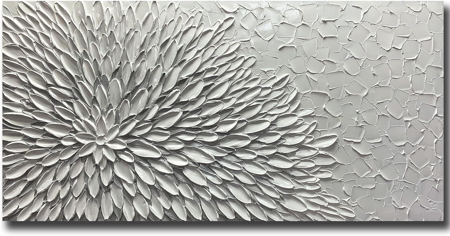 AZAVY Art,24X48Inch Acrylic Hand Painted Abstract Wall Art Minimalist White Gold Petal Floral Art Textured Canvas Oil Painting Flower Artwork Decor for Living Room Bedroom