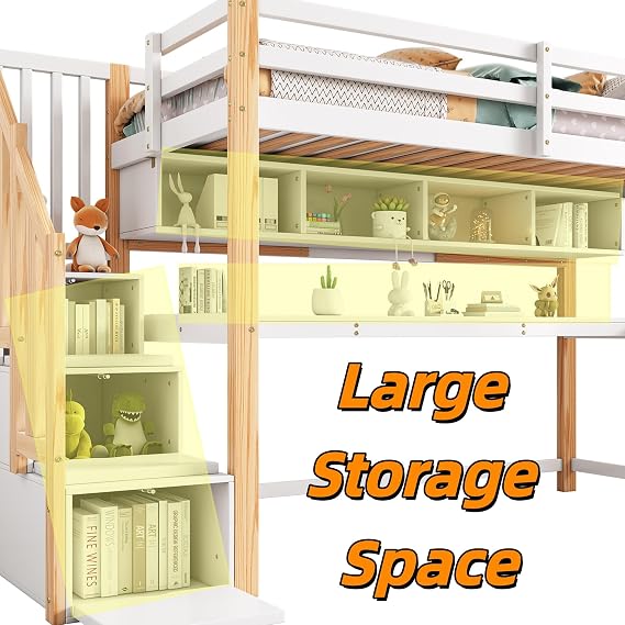 Su & Chan Legence Loft Bed with Desk, High Sleeper Bed with Storage Stairs and Shelves, Kids Bed with Safety Guardrail and Wooden Slats, No Mattress, 90 x 190cm, White and Natural