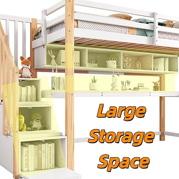 Su & Chan Legence Loft Bed with Desk, High Sleeper Bed with Storage Stairs and Shelves, Kids Bed with Safety Guardrail and Wooden Slats, No Mattress, 90 x 190cm, White and Natural