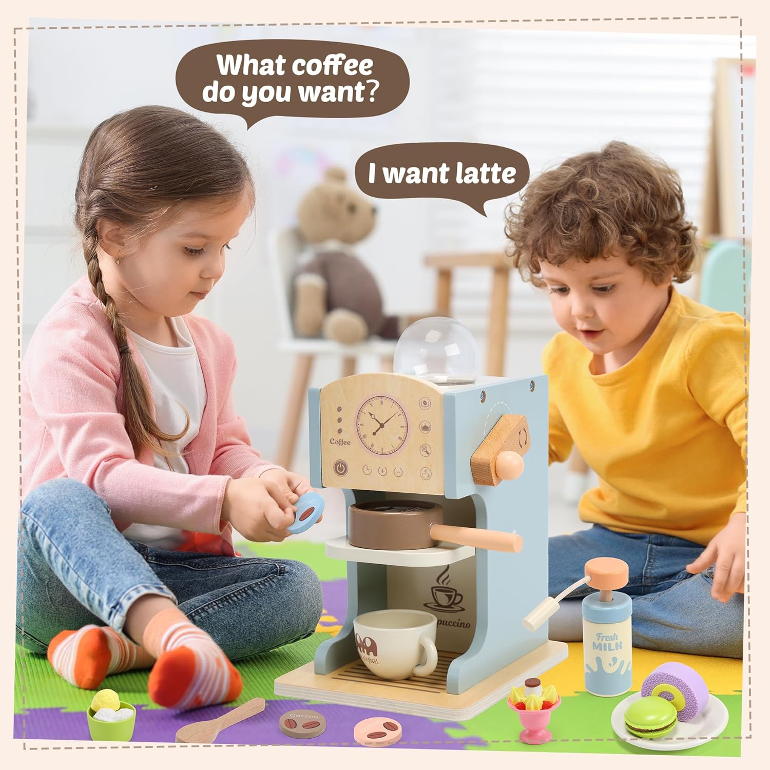 Toy Coffee Maker for Kids, Wooden Kids Coffee Playset with Play Kitchen Accessories and Toy Dessert, Coffee Shop Playset Wooden Toys for Toddlers Girls Boys