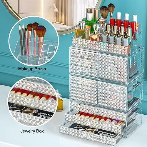 Miniatura 8 de Awenia Paquete de 4 organizadores de maquillaje apilables actualizado, almacenamiento de cosméticos acrílicos, gran capacidad con 11 cajones para