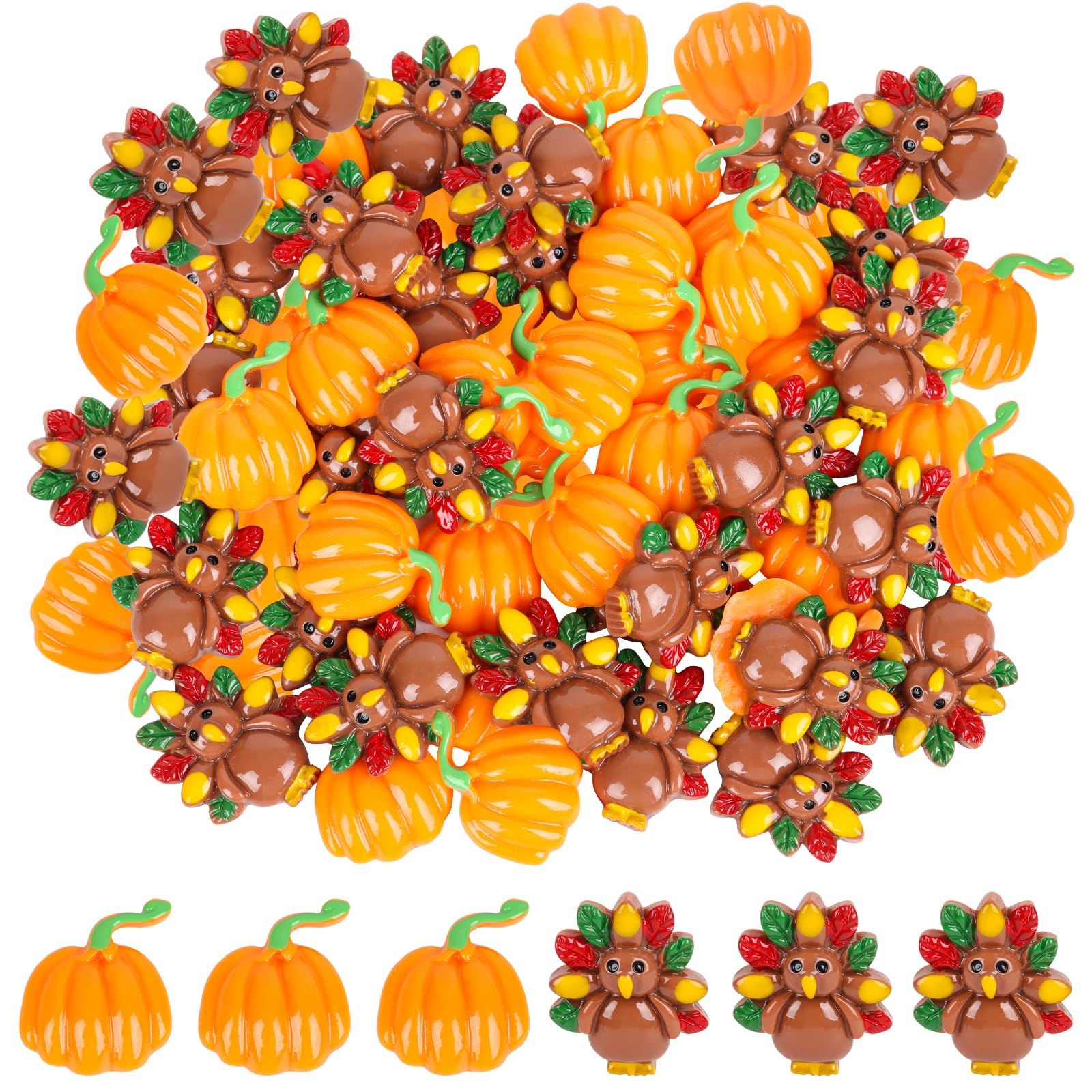 FOIMAS Thankgiving Resin Flatback Charms,50pcs Pumpkin Turkey Embellishment Resin Miniatures for Fall Thanksgiving Ornament Decoration Supply