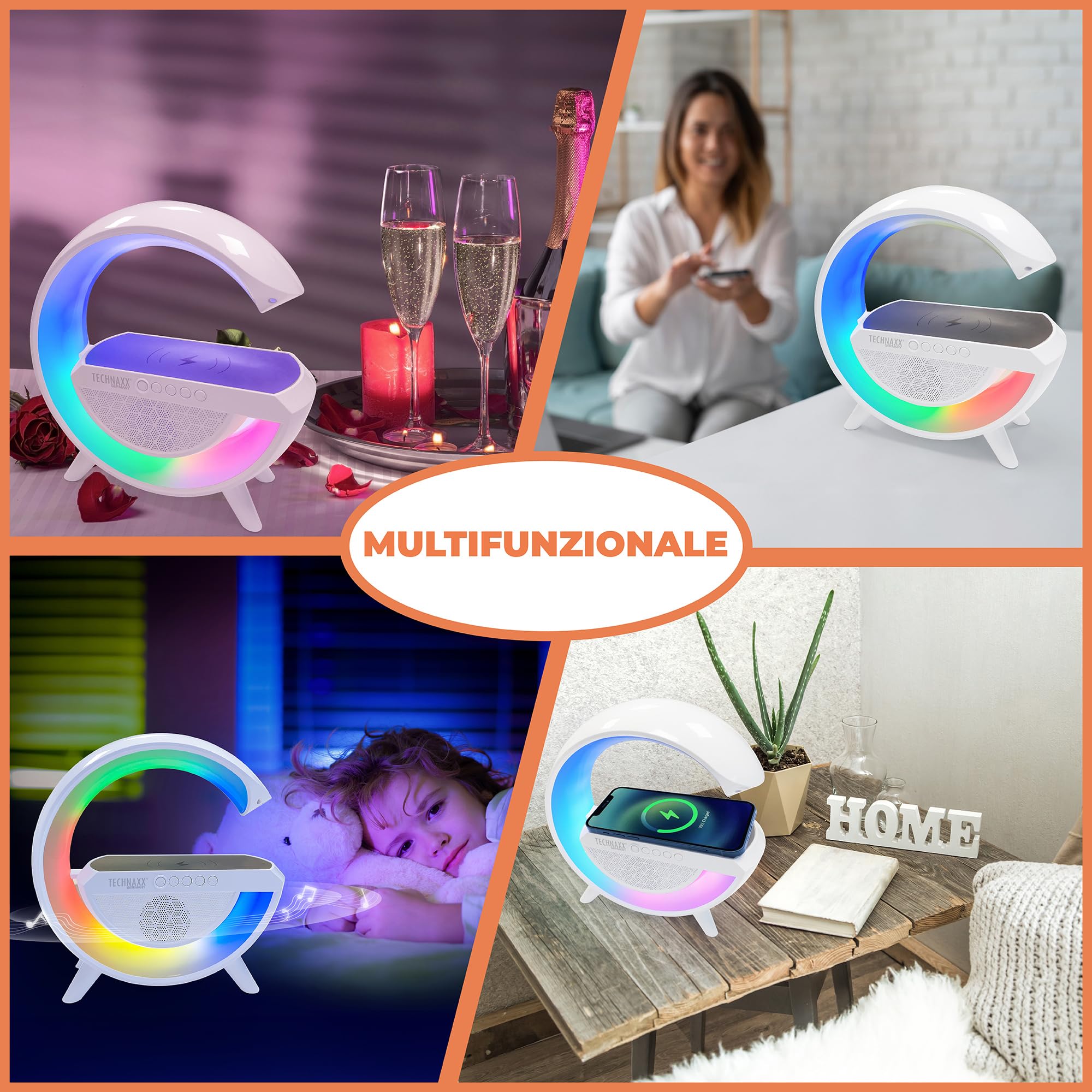 Technaxx Lampada da Comodino LED con Altoparlante Bluetooth e Ricarica Wireless 10W, Luce RGB Atmosfera, Caricatore Qi, USB MicroSD Radio FM AUX, Vivavoce, Stazione Multifunzione TX-264