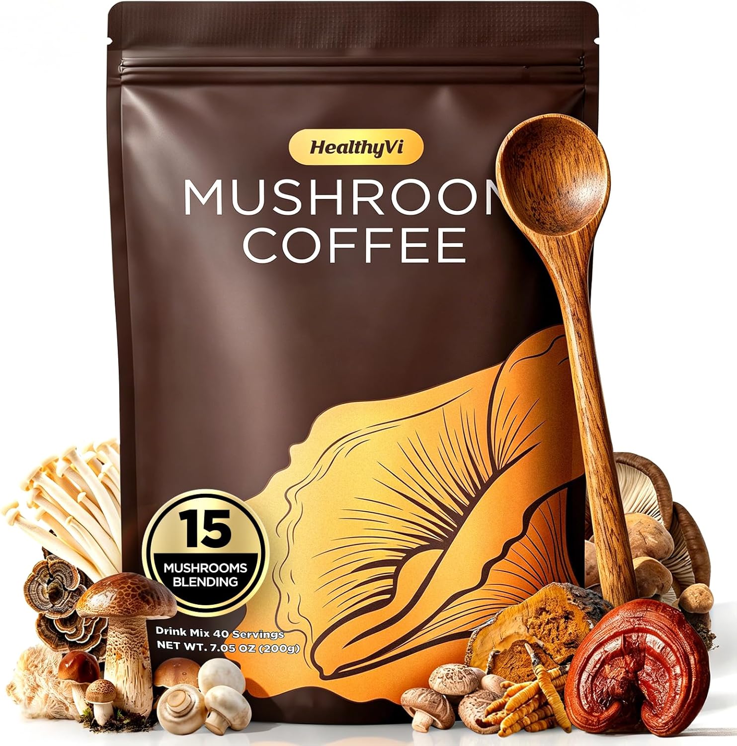 Mushroom Coffee with 15 Natural Mushrooms, Medium Roast Coffee With KSM-66 Ashwagandha & L-theanine Boosts Focus, Immunity, Energy, Mood & Gut Health, Arabica Instant Coffee, Vegan, 40 Servings