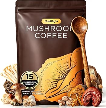 Mushroom Coffee with 15 Natural Mushrooms, Medium Roast Coffee With KSM-66 Ashwagandha & L-theanine Boosts Focus, Immunity, Energy, Mood & Gut Health, Arabica Instant Coffee, Vegan, 40 Servings